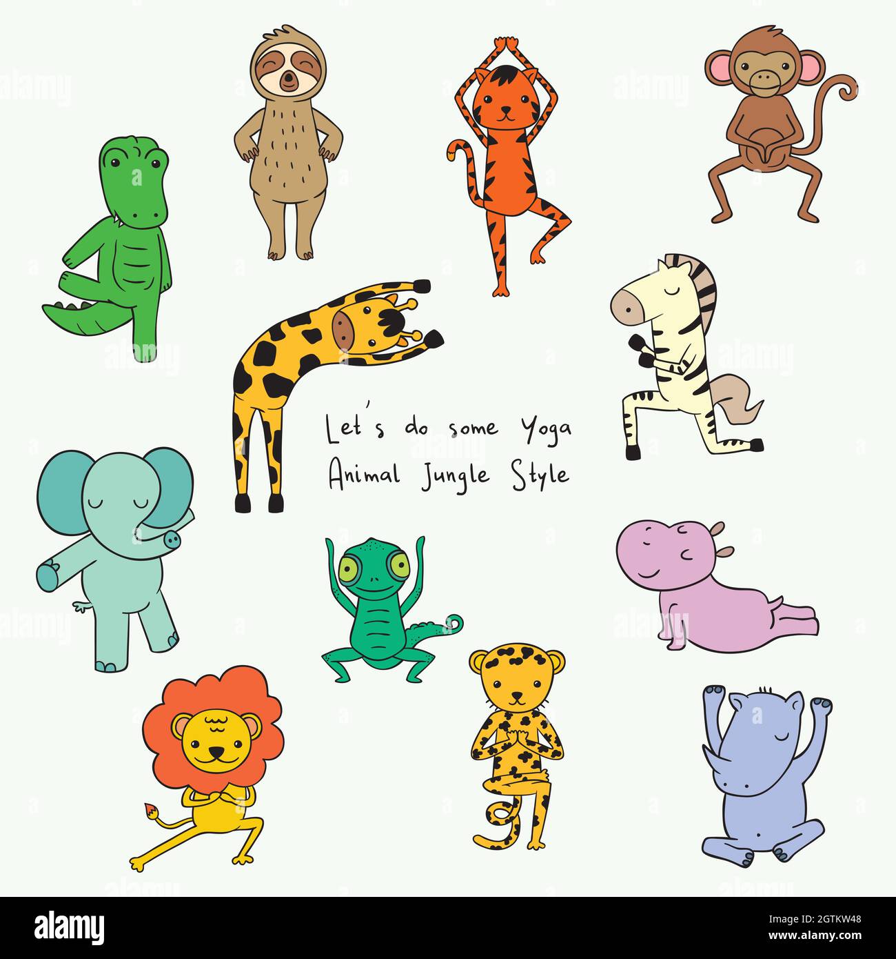 Niedliche Dschungel- und Safari-Tiere. Handgezeichnete Übungsfiguren. Zoo-Karikatur. Yoga-Positionen. Farbige Kritzeleien Stock Vektor