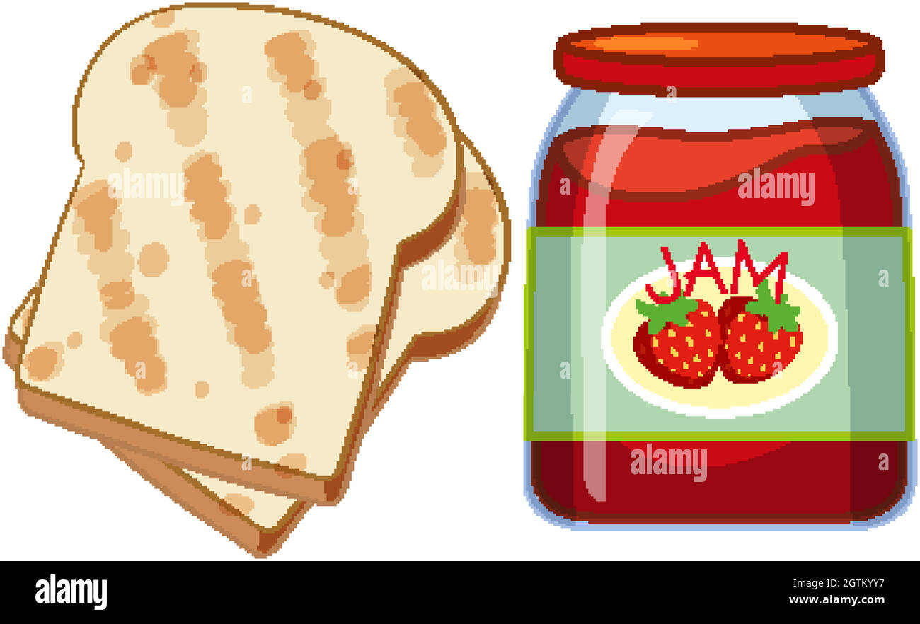 Toast und Erdbeermarmelade auf weißem Hintergrund Stock Vektor