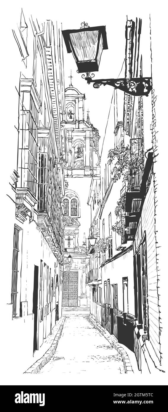 Darstellung einer Straße in der Altstadt von Sevilla, Spanien - Vektorgrafik Stock Vektor