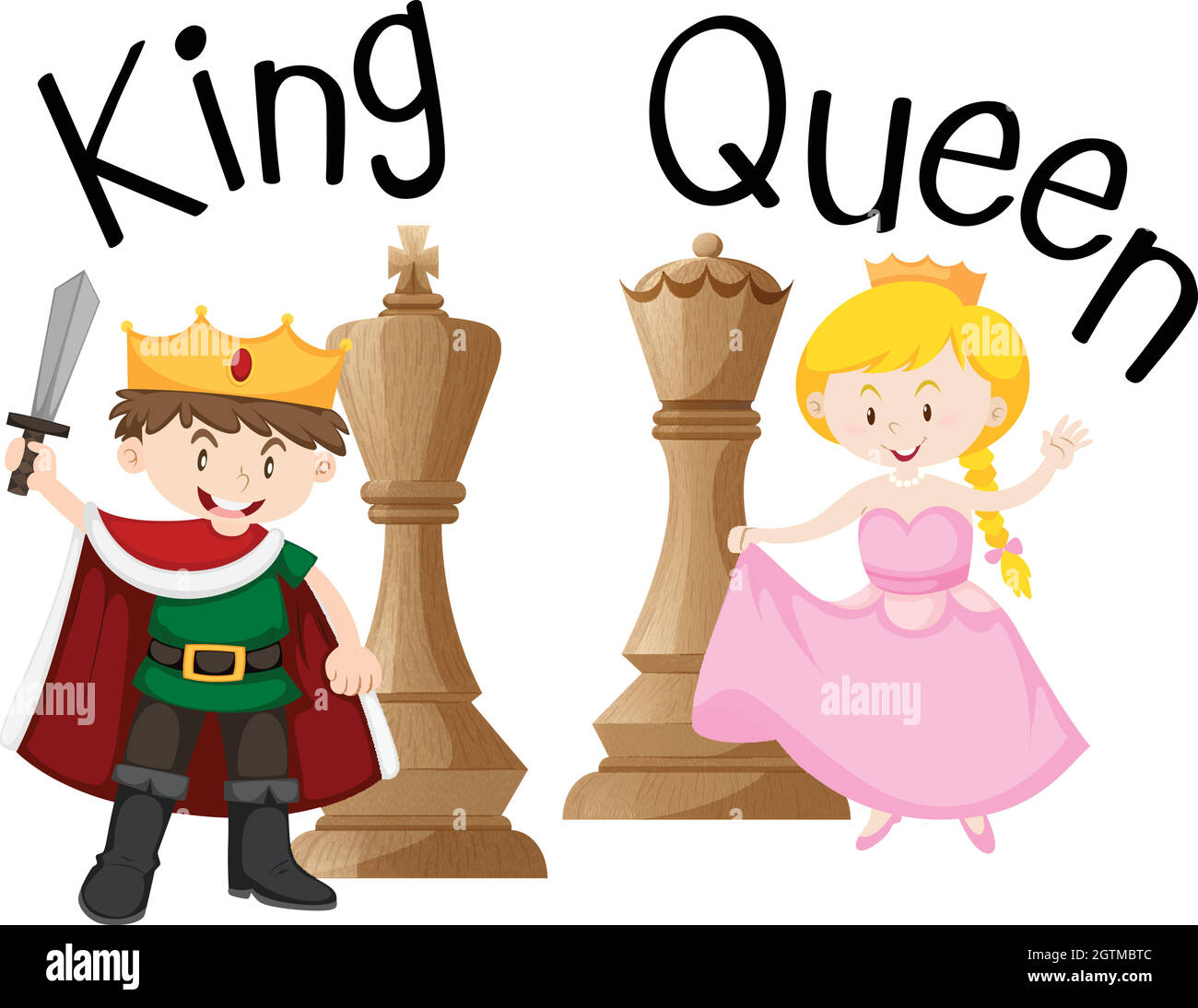 König und Königin mit Schachspiel Stock Vektor