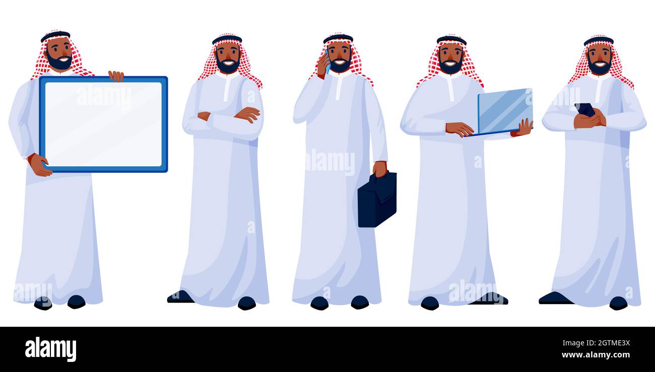 Arabischer junger glücklicher Mann in traditioneller Kleidung in verschiedenen Posen isoliert auf weißem Hintergrund. Arabisch muslimisch männlich Geschäftsmann eingestellt. Vektorgrafik flache Cartoon Stock Vektor