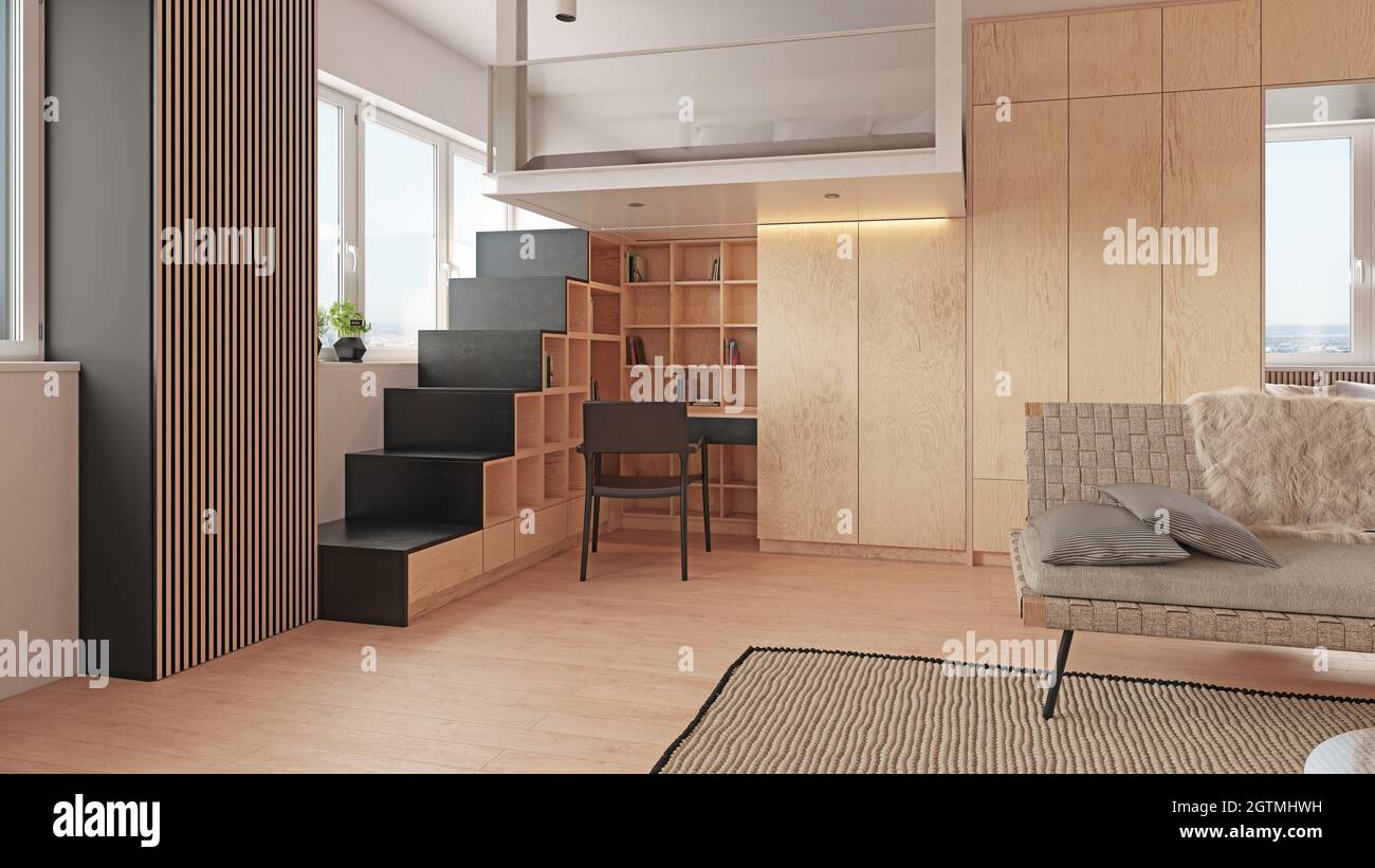 Kompaktes Apartment-Design-Konzept. 3d-Rendering im Innenraum Stockfoto