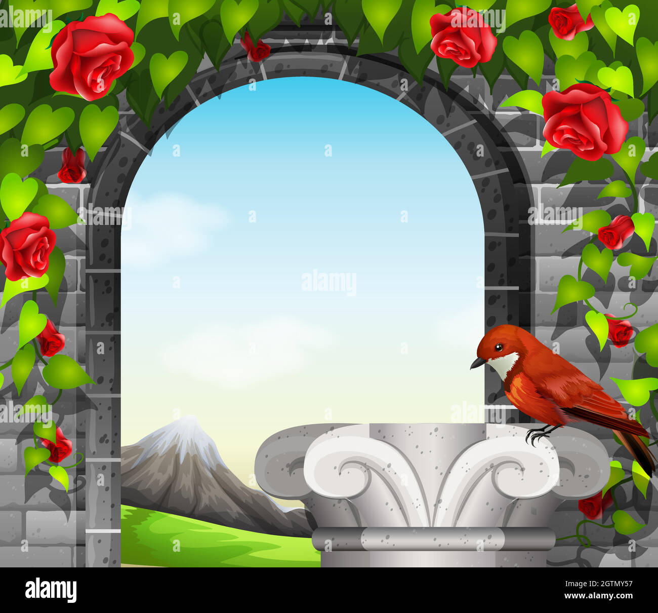Eine Steinmauer mit Rosen und einem Vogel Stock Vektor