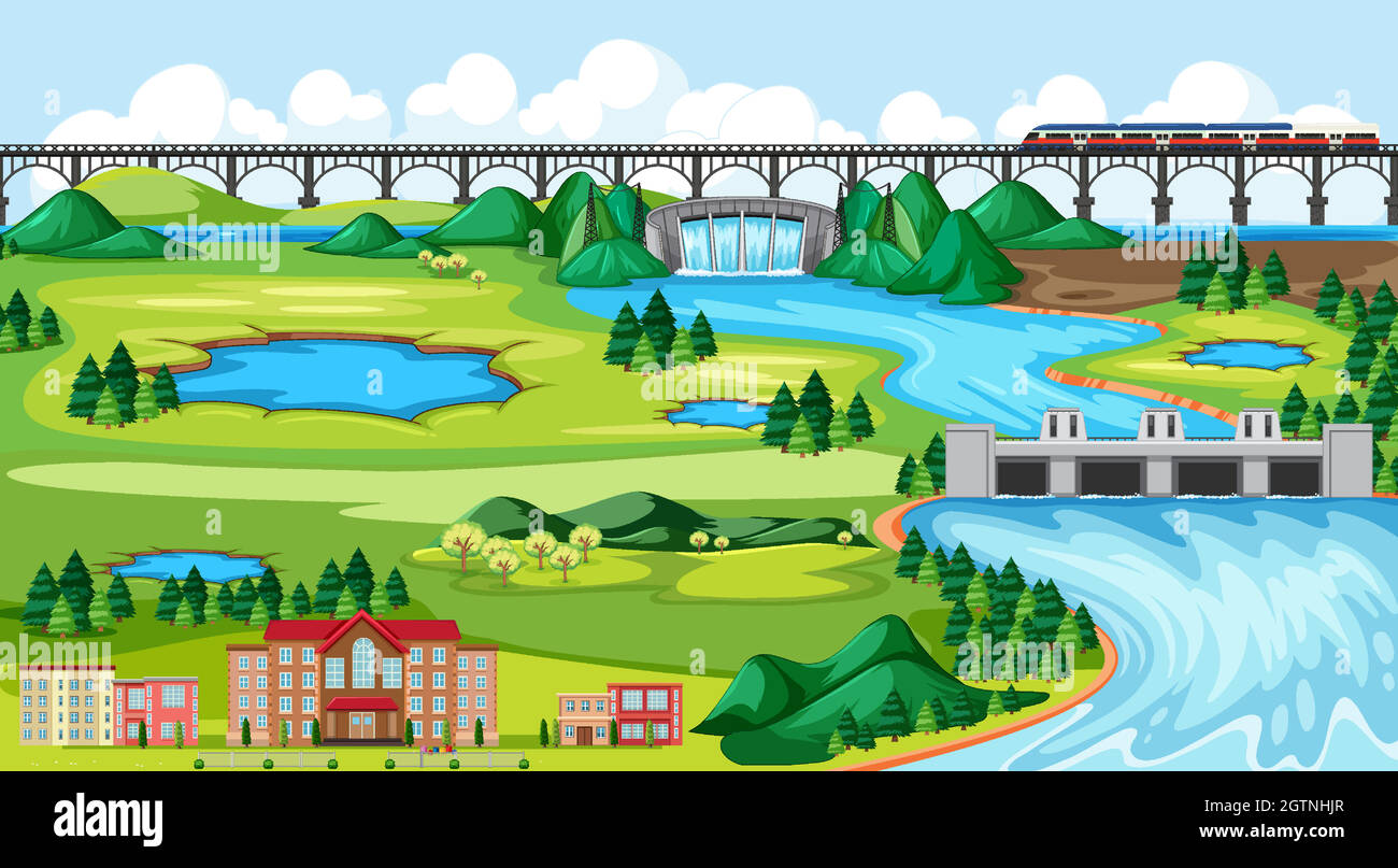 Stadt oder Stadt und Brücke Zug Landschaft Szene in Cartoon-Stil Stock Vektor