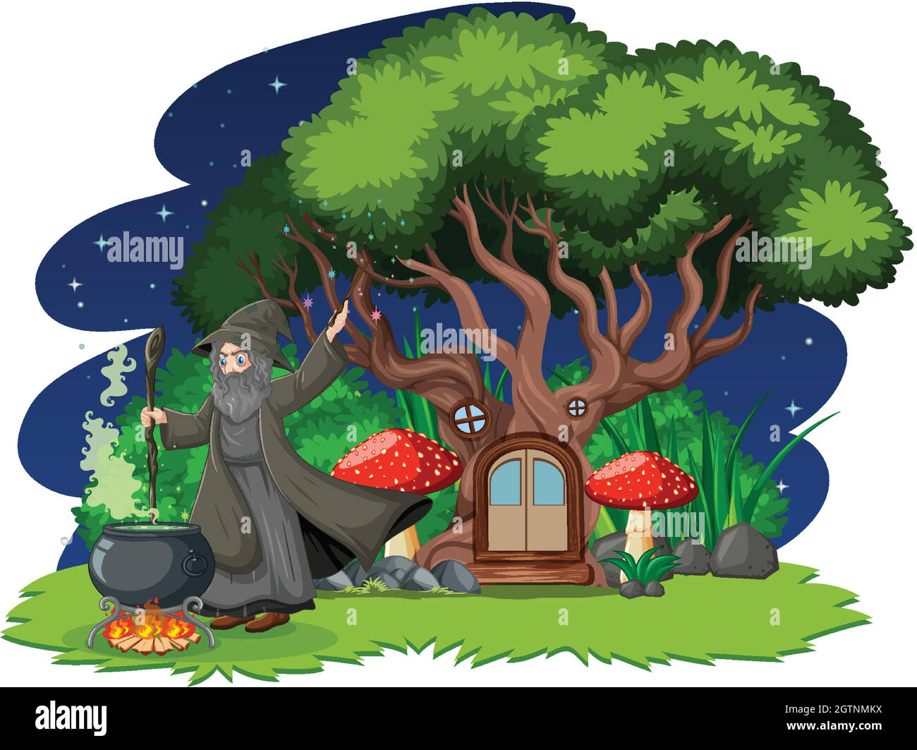 Zauberer mit schwarzem Zaubertopf und Baumhaus Cartoon-Stil auf dunklem Wald Hintergrund Stock Vektor