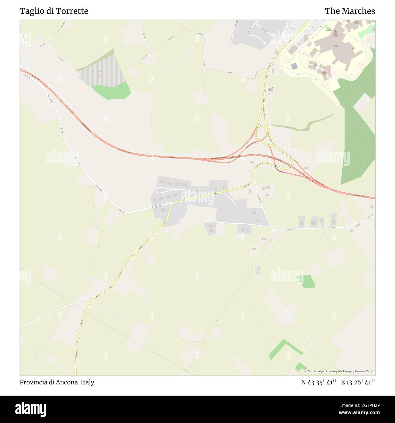 Taglio di Torrette, Provincia di Ancona, Italy, The Marches, N 43 35' 41'', E 13 26' 41'', map, Timeless Map veröffentlicht im Jahr 2021. Reisende, Entdecker und Abenteurer wie Florence Nightingale, David Livingstone, Ernest Shackleton, Lewis and Clark und Sherlock Holmes haben sich bei der Planung von Reisen zu den entlegensten Ecken der Welt auf Karten verlassen.Timeless Maps kartiert die meisten Orte auf der Welt und zeigt die Verwirklichung großer Träume Stockfoto