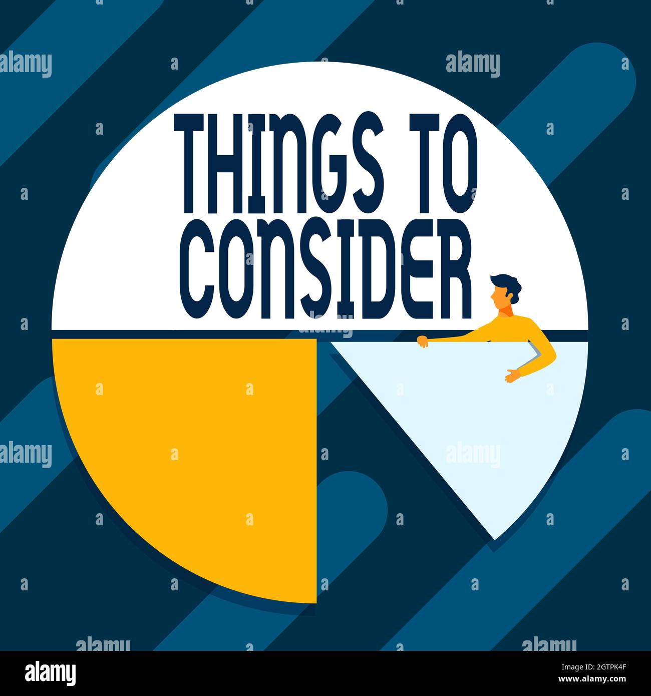 Hand schreiben Zeichen Dinge zu beachten. Wort für Denken Sie über etwas sorgfältig, um Entscheidung Mann Zeichnung Halten Tortendiagramm Stück zeigen zu machen Stockfoto