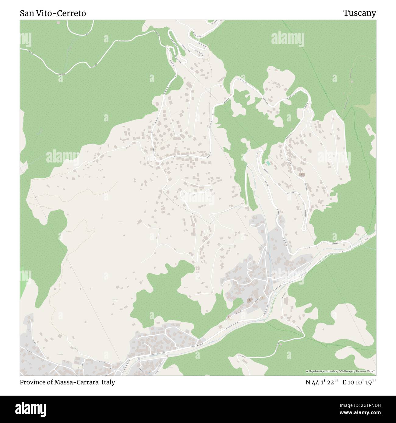 San Vito-Cerreto, Provinz Massa-Carrara, Italien, Toskana, N 44 1' 22'', E 10 10' 19'', map, Timeless Map veröffentlicht im Jahr 2021. Reisende, Entdecker und Abenteurer wie Florence Nightingale, David Livingstone, Ernest Shackleton, Lewis and Clark und Sherlock Holmes haben sich bei der Planung von Reisen zu den entlegensten Ecken der Welt auf Karten verlassen.Timeless Maps kartiert die meisten Orte auf der Welt und zeigt die Verwirklichung großer Träume Stockfoto