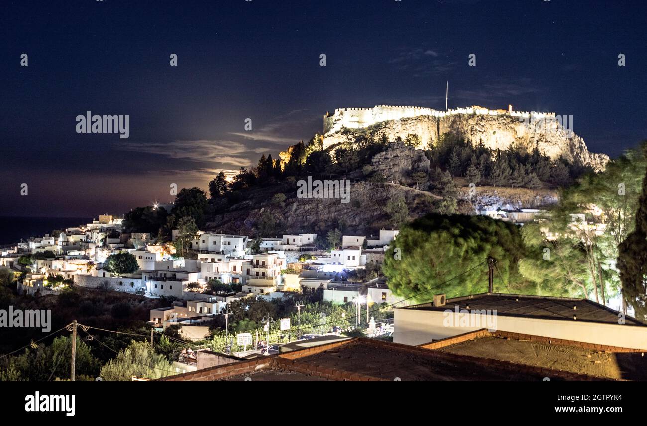 Lindos by Moonlight Rhodes Greek Islands Greece Stockfoto