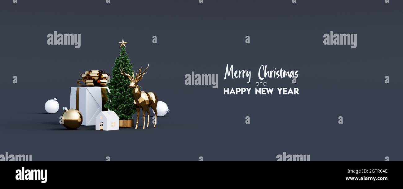 Frohe Weihnachten und Glückwünsche zum neuen Jahr. Schwarzer Hintergrund mit Copy Space 3d Rendering 3d-Illustration Stockfoto