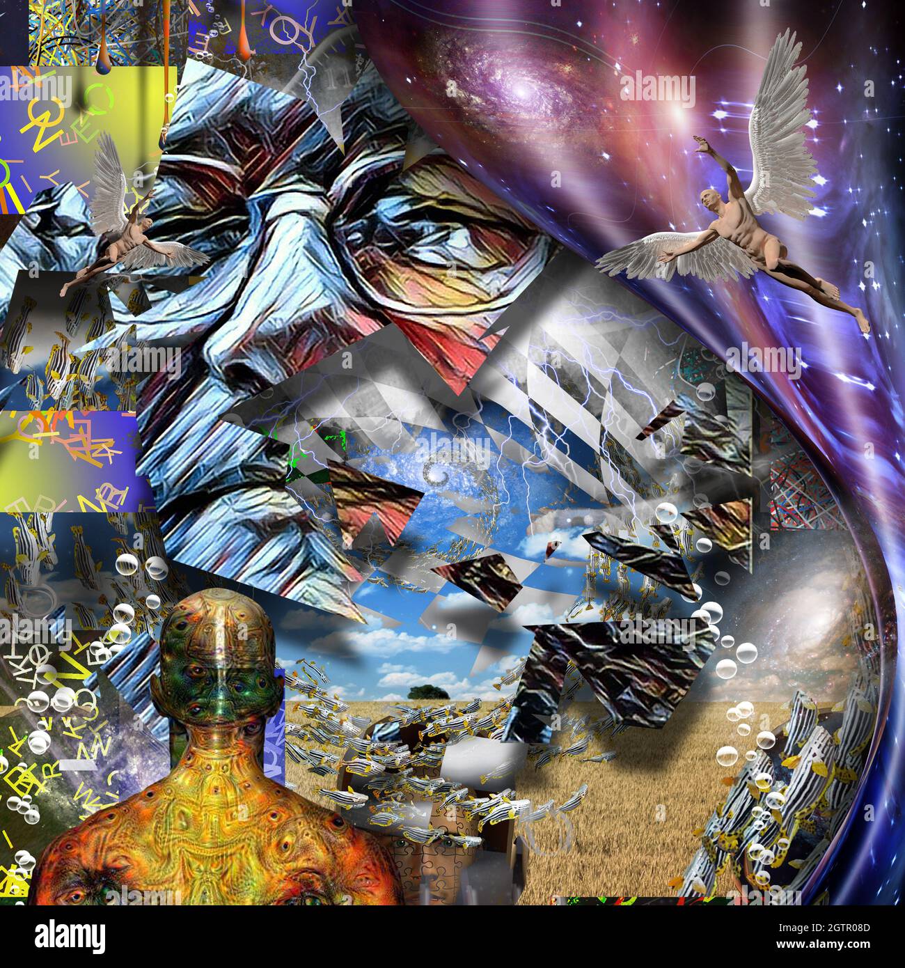 Spirituelles Bewusstsein. Männergesicht mit Brille. Engel und Mensch mit dämonischen Augen auf der Haut. Geometrische Elemente. 3D-Rendering Stockfoto