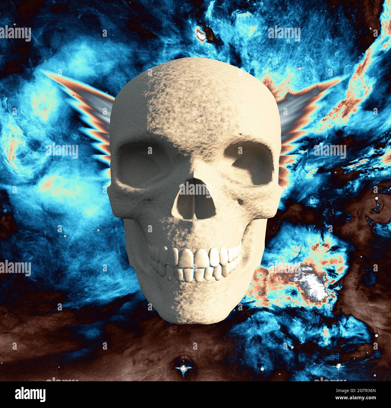 Schädel wigh Engelsflügel. 3D-Rendering. Stockfoto