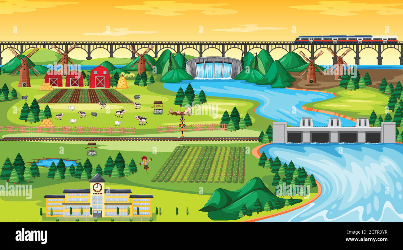Farm Field Stadt und Schule und Brücke Sky Train mit Damm Seite Landschaft Szene Cartoon-Stil Stock Vektor
