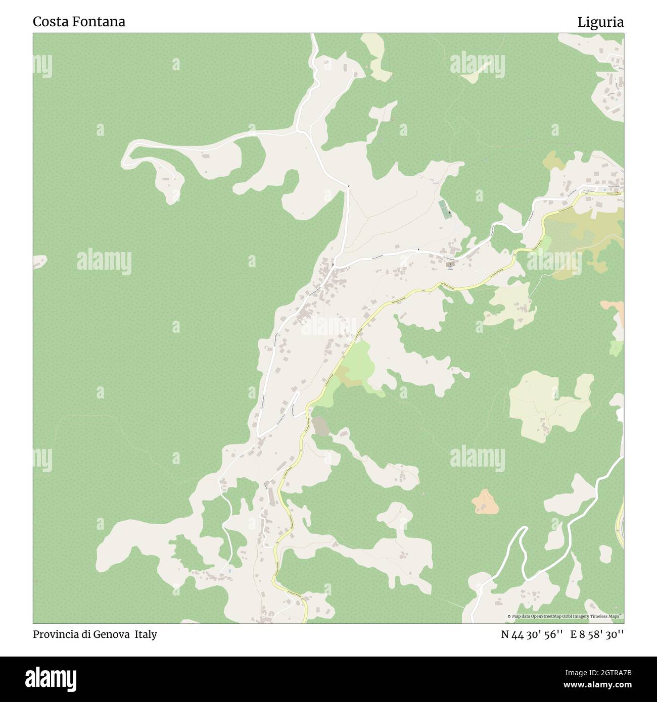 Costa Fontana, Provincia di Genova, Italien, Ligurien, N 44 30' 56'', E 8 58' 30'', map, Timeless Map veröffentlicht im Jahr 2021. Reisende, Entdecker und Abenteurer wie Florence Nightingale, David Livingstone, Ernest Shackleton, Lewis and Clark und Sherlock Holmes haben sich bei der Planung von Reisen zu den entlegensten Ecken der Welt auf Karten verlassen.Timeless Maps kartiert die meisten Orte auf der Welt und zeigt die Verwirklichung großer Träume Stockfoto