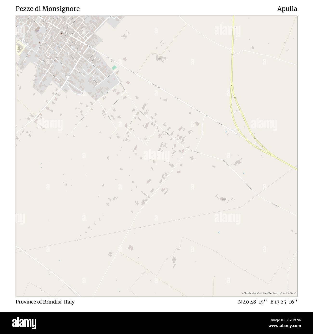 Pezze di Monsignore, Provinz Brindisi, Italien, Apulien, N 40 48' 15'', E 17 25' 16'', Karte, Timeless Map veröffentlicht im Jahr 2021. Reisende, Entdecker und Abenteurer wie Florence Nightingale, David Livingstone, Ernest Shackleton, Lewis and Clark und Sherlock Holmes haben sich bei der Planung von Reisen zu den entlegensten Ecken der Welt auf Karten verlassen.Timeless Maps kartiert die meisten Orte auf der Welt und zeigt die Verwirklichung großer Träume Stockfoto