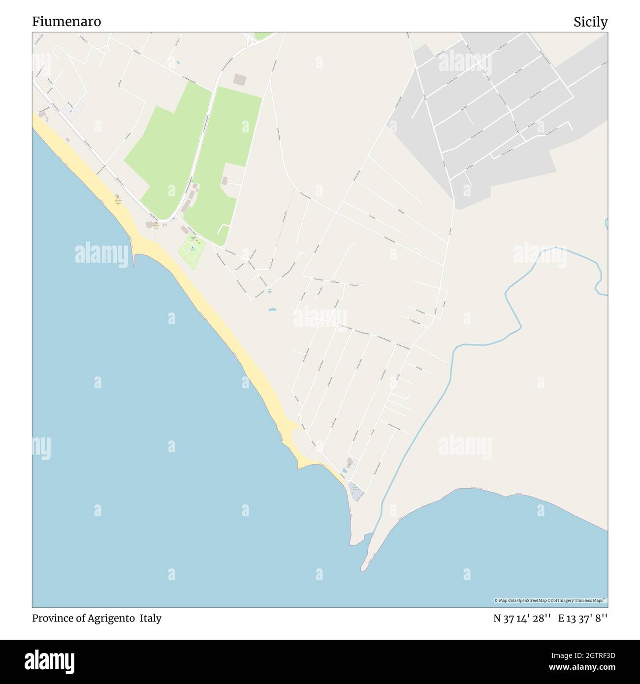 Fiumenaro, Provinz Agrigento, Italien, Sizilien, N 37 14' 28'', E 13 37' 8'', Karte, Timeless Map veröffentlicht im Jahr 2021. Reisende, Entdecker und Abenteurer wie Florence Nightingale, David Livingstone, Ernest Shackleton, Lewis and Clark und Sherlock Holmes haben sich bei der Planung von Reisen zu den entlegensten Ecken der Welt auf Karten verlassen.Timeless Maps kartiert die meisten Orte auf der Welt und zeigt die Verwirklichung großer Träume Stockfoto