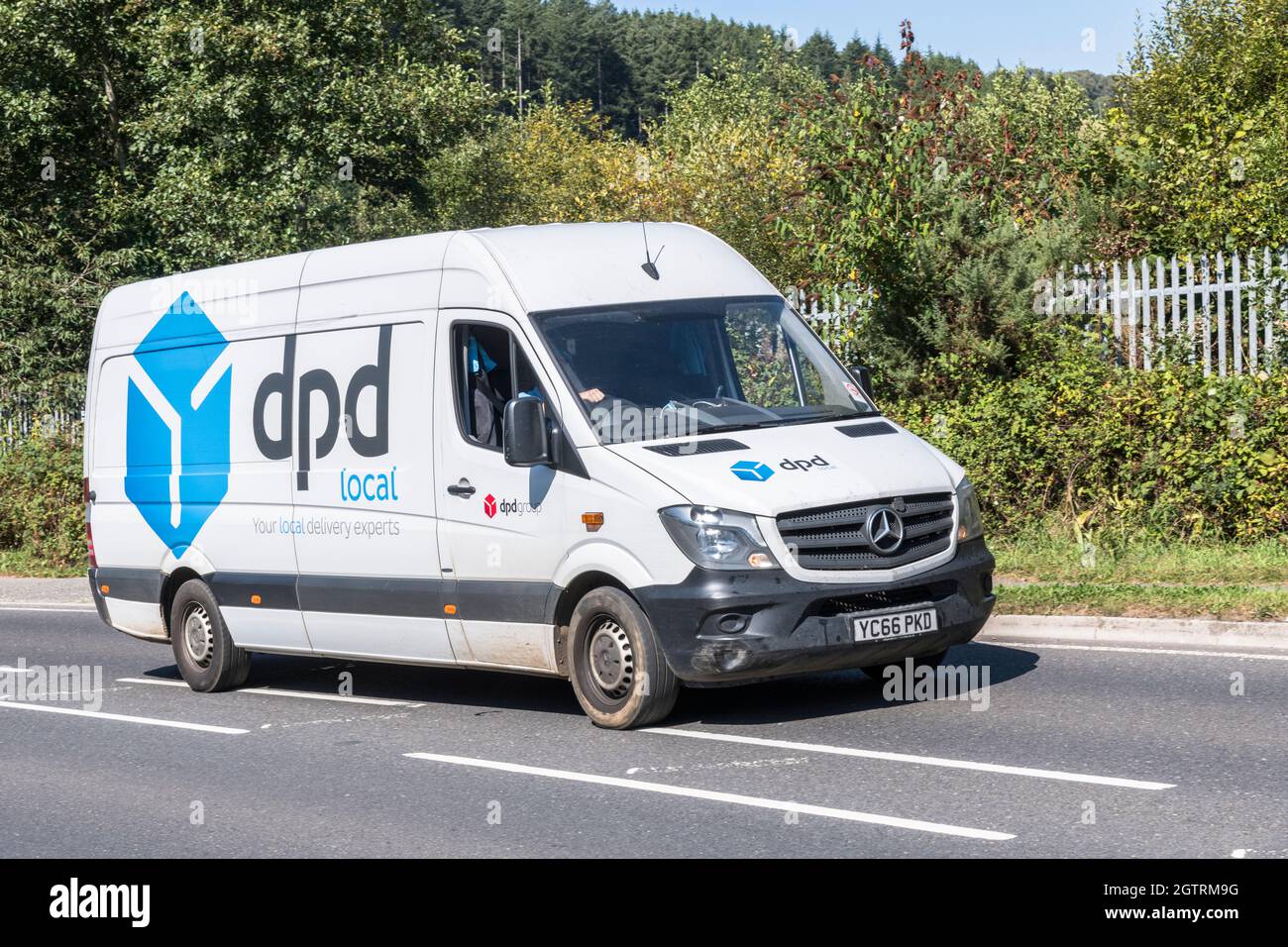 Weißer DPD lokaler Lieferwagen (Mercedes) fährt auf der Landstraße hinauf.  Für UK Fahrer Mangel, Paketlieferungen während Covid, UK Transport  Stockfotografie - Alamy