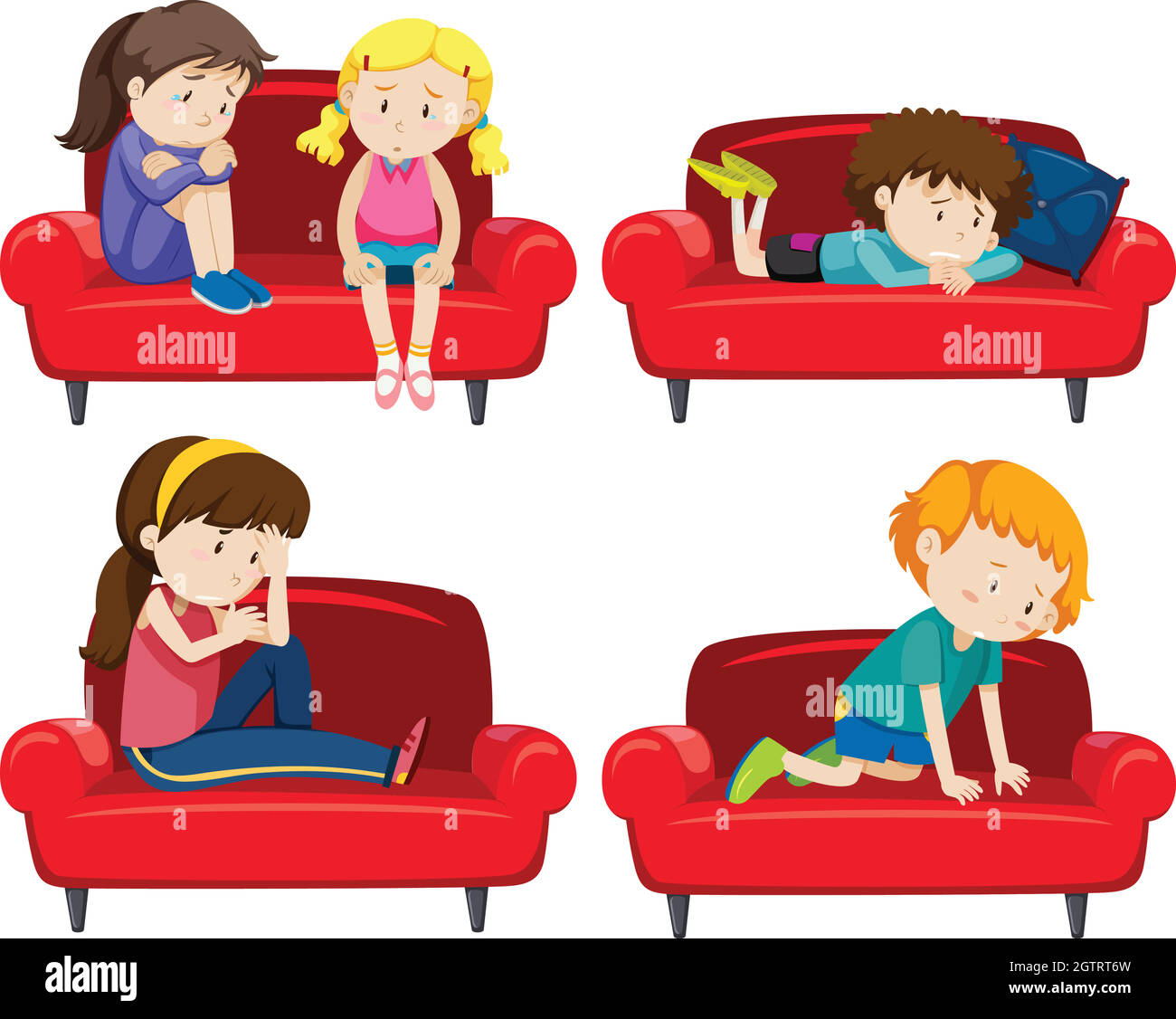 Set von deprimierten Kindern auf der Couch Stock Vektor