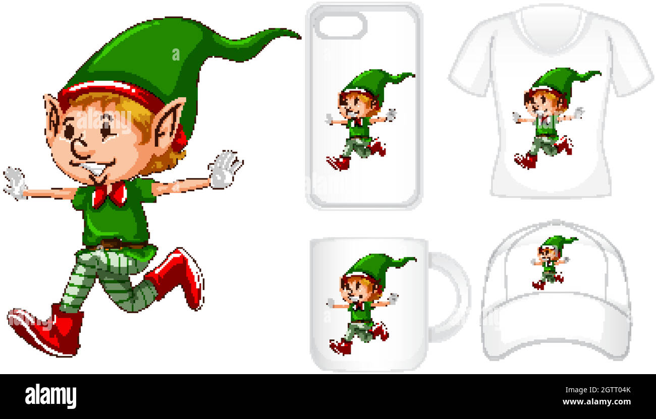 Grafikdesign auf verschiedenen Produkten mit weihnachtself Stock Vektor