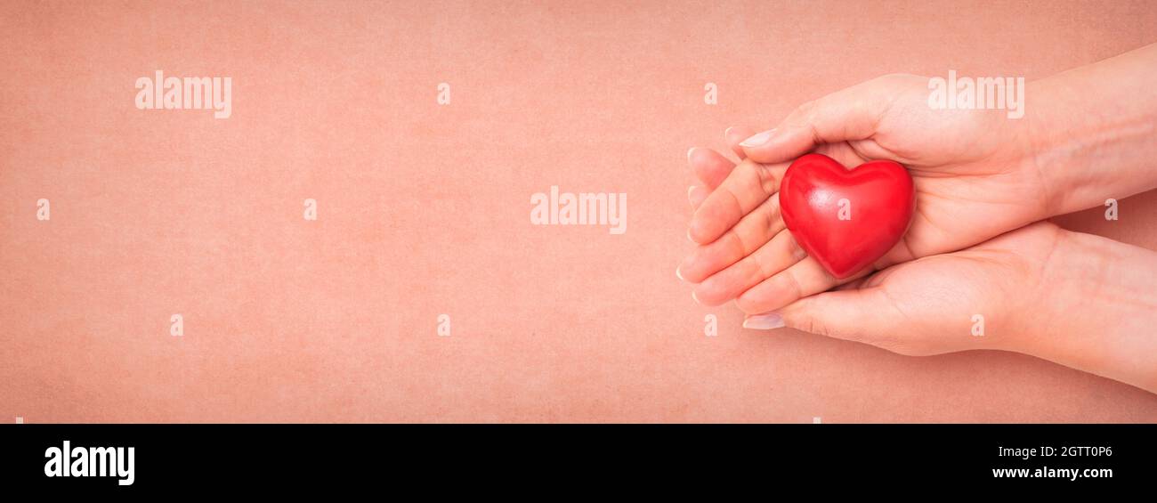Gesundheitskonzept mit Herz in den Händen. Breites Bild mit Kopierbereich Stockfoto