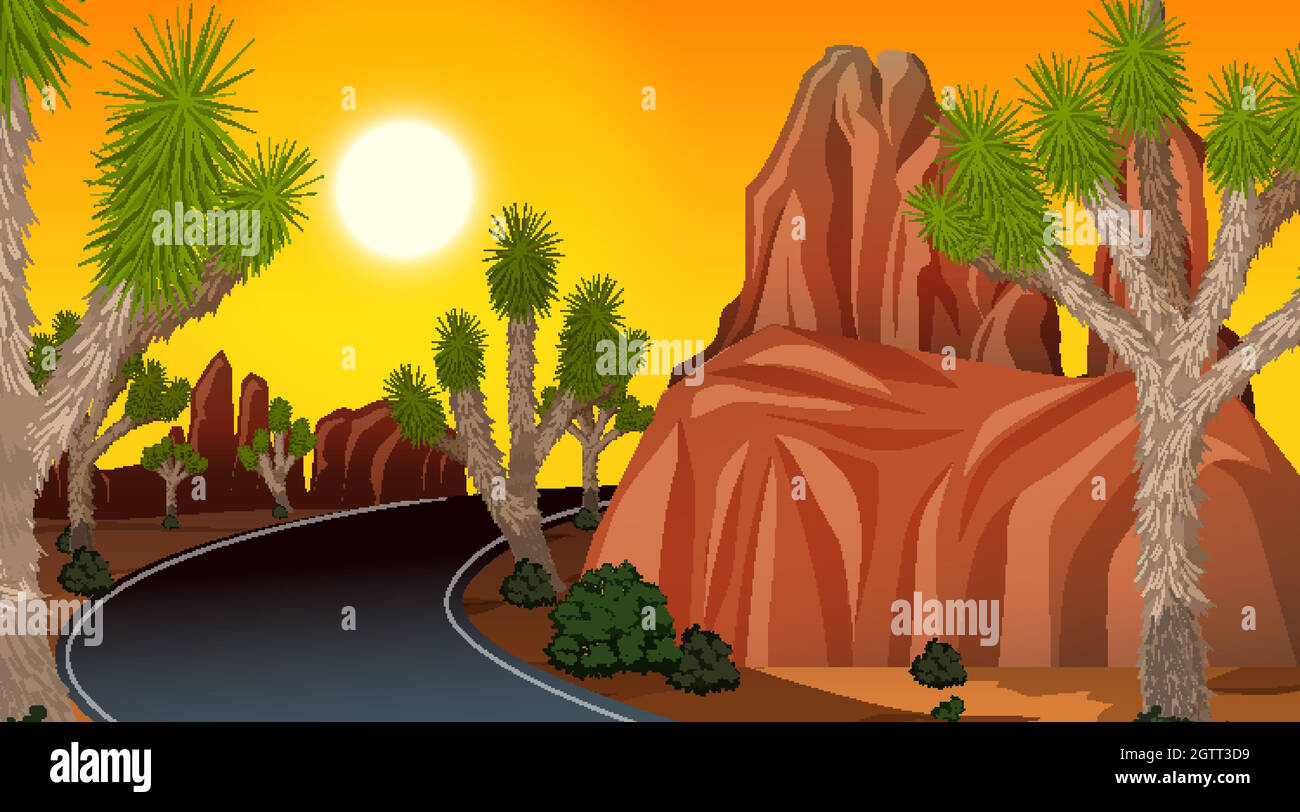 Lange Straße durch die Wüstenlandschaft bei Sonnenuntergang Stock Vektor