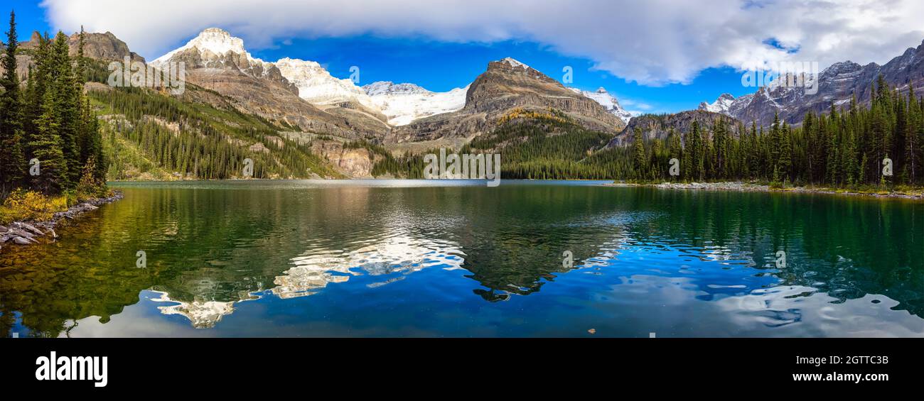 Panoramablick auf den Glacier Lake mit den kanadischen Rocky Mountains Stockfoto