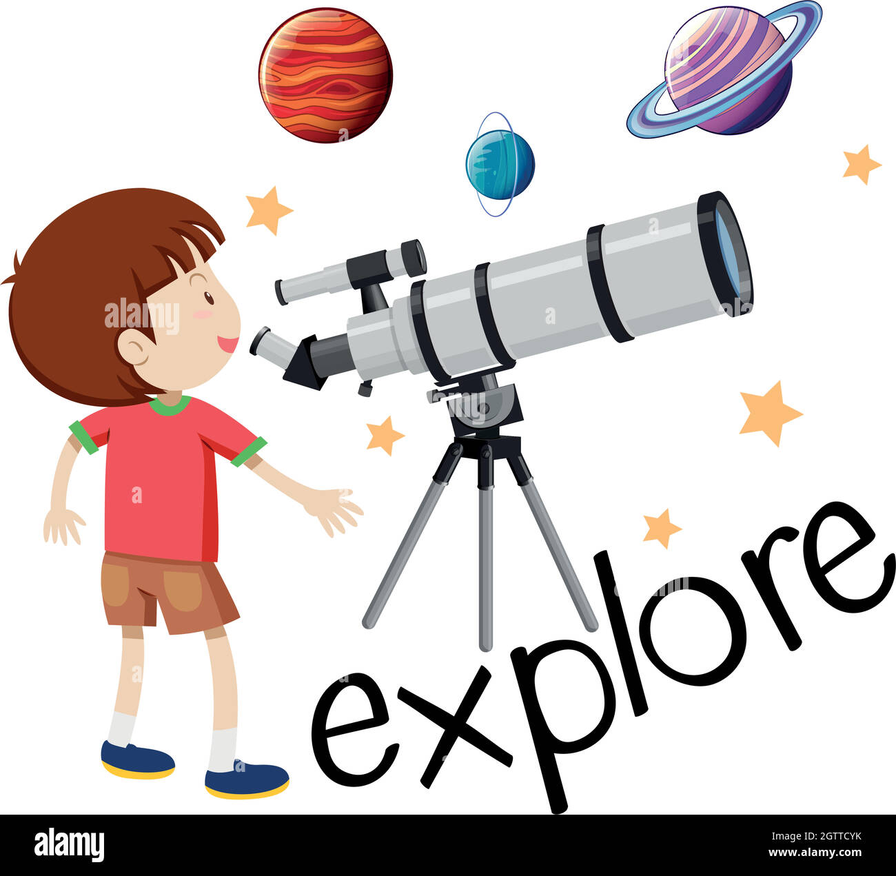 Flashcard für die Erkundung mit Kind durch das Teleskop schauen Stock Vektor