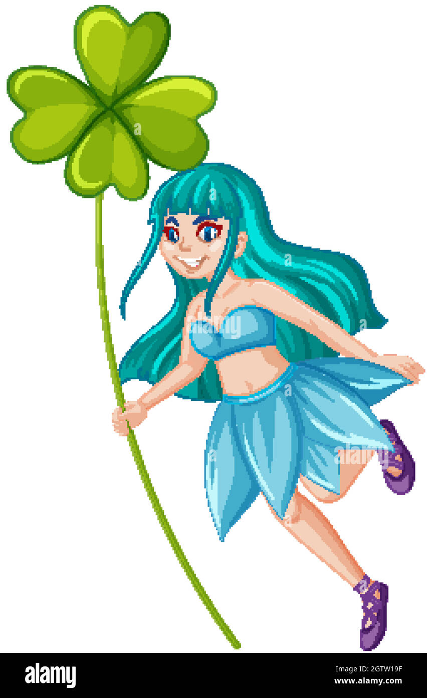 Nette Fee hält einen glücklichen Kleeblatt Zeichentrickfigur auf weißem Hintergrund Stock Vektor