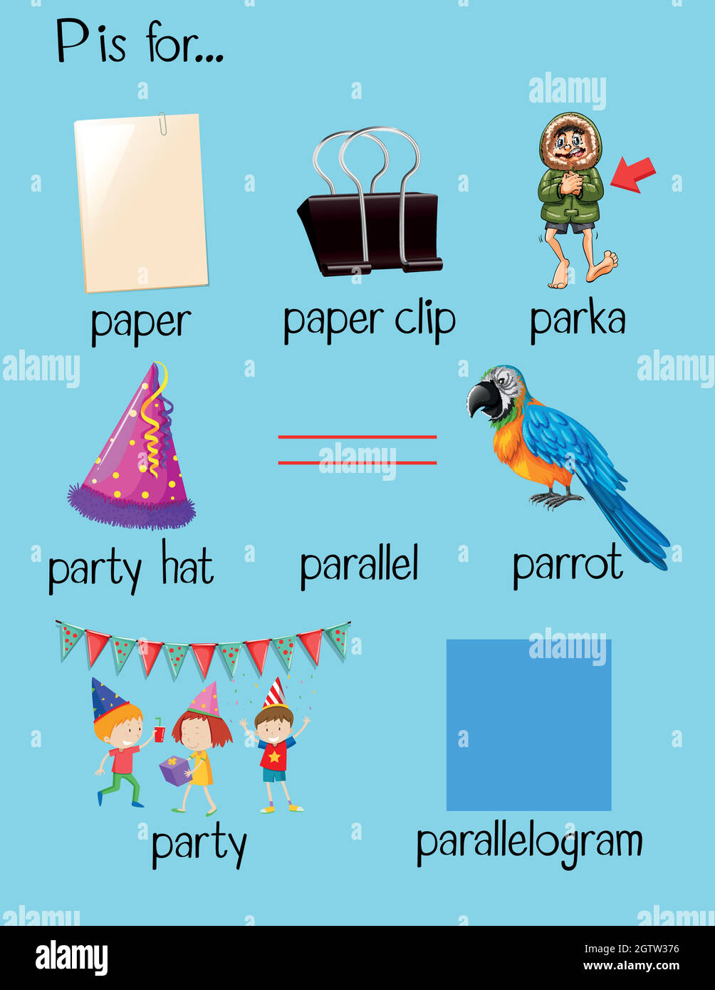 Verschiedene Wörter beginnen mit dem Buchstaben P Stock Vektor