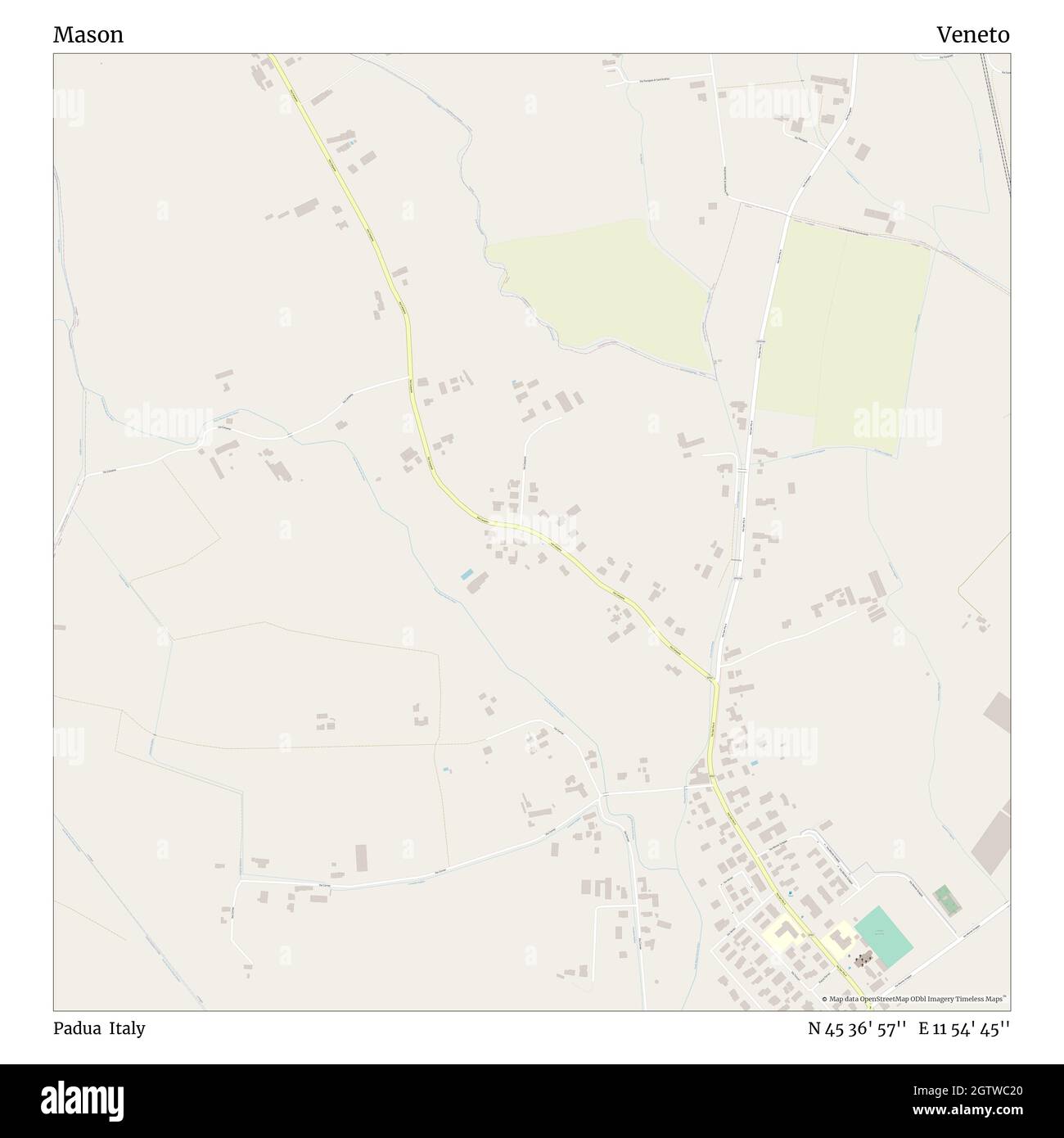 Mason, Padua, Italien, Venetien, N 45 36' 57'', E 11 54' 45'', Karte, Timeless Map veröffentlicht im Jahr 2021. Reisende, Entdecker und Abenteurer wie Florence Nightingale, David Livingstone, Ernest Shackleton, Lewis and Clark und Sherlock Holmes haben sich bei der Planung von Reisen zu den entlegensten Ecken der Welt auf Karten verlassen.Timeless Maps kartiert die meisten Orte auf der Welt und zeigt die Verwirklichung großer Träume Stockfoto