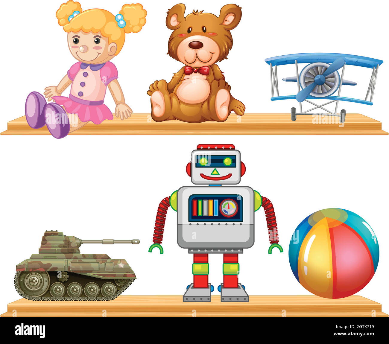 Verschiedene Arten von Spielzeug auf Holzregal Stock Vektor