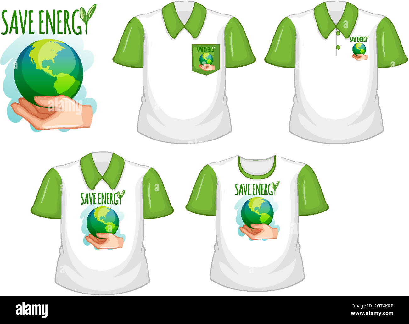 Save Energy Logo und Set von verschiedenen weißen Hemden mit grünen kurzen Ärmeln isoliert auf weißem Hintergrund Stock Vektor