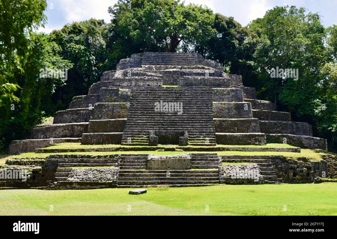 Der Jaguar Tempel in seiner Gesamtheit in Lamanai, Belize. Stockfoto