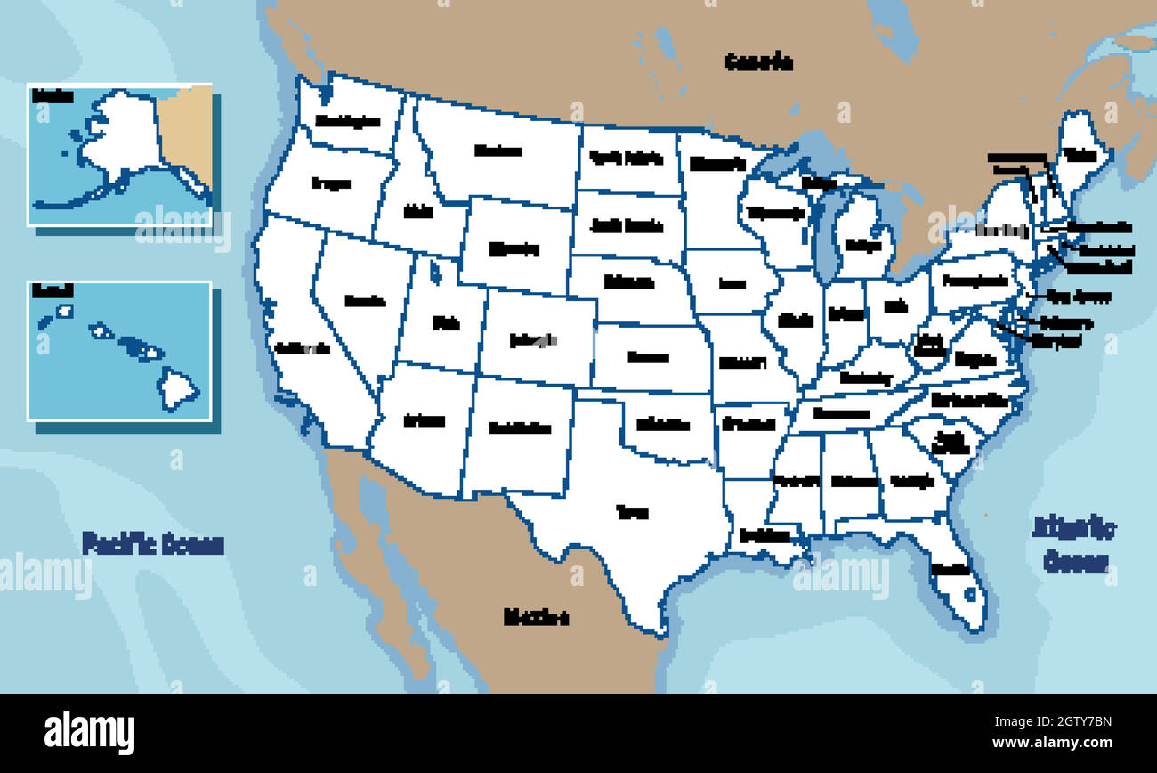Karte der Vereinigten Staaten von Amerika mit Namen der Bundesstaaten Stock Vektor