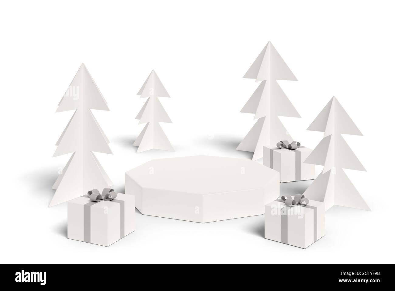 Weihnachtspodium mit Bäumen und Geschenken in Weiß. 3d-Illustration. Stockfoto