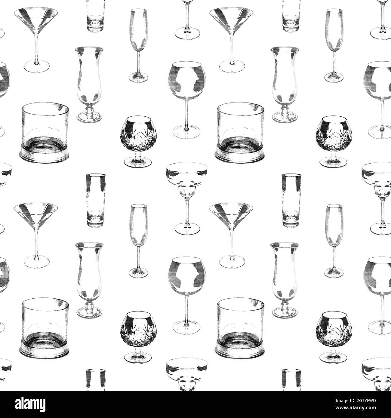 In Kreide skizzierte Gläser mit verschiedenen Spirituosen in nahtlosem, sich wiederholendem Muster in Schwarz auf Weiß. Stockfoto