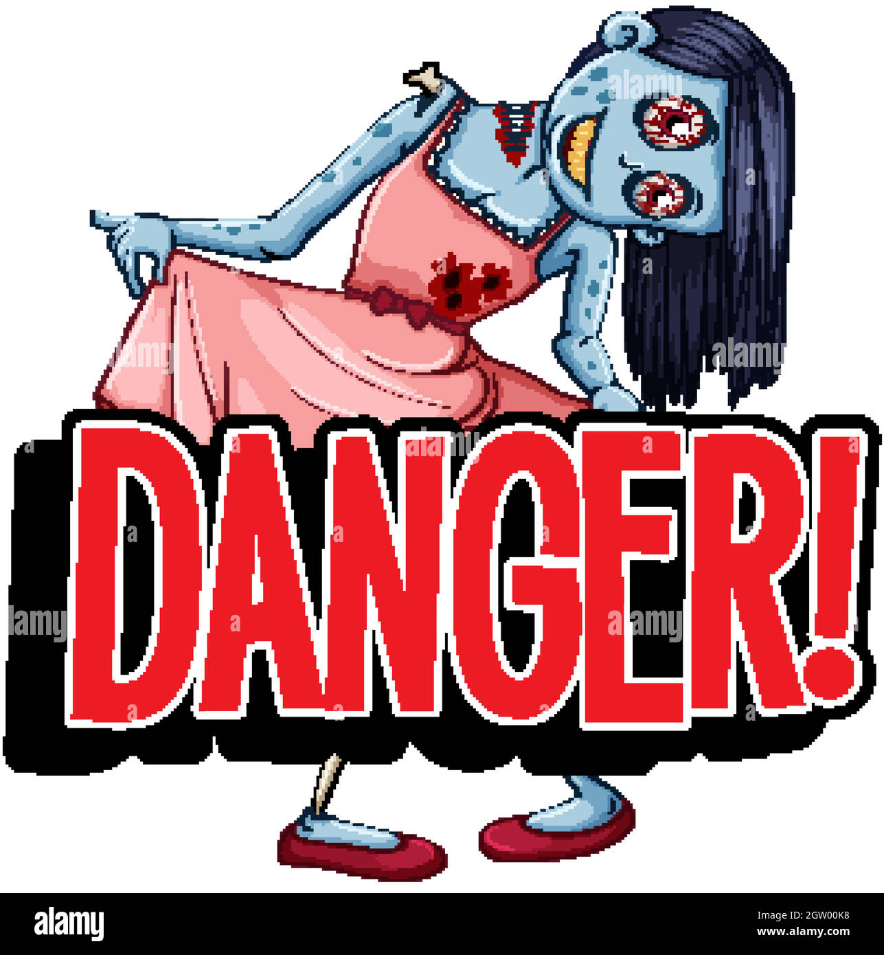 Schriftdesign für Word Danger mit weiblichem Zombie in pinkem Kleid Stock Vektor