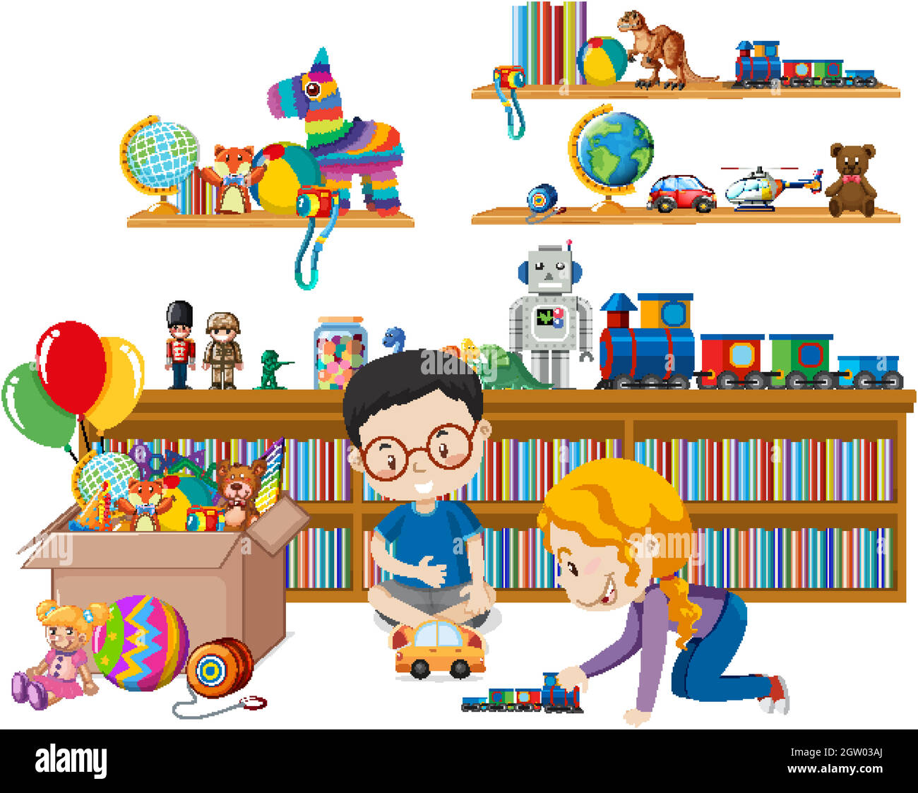 Regal voller Bücher und Spielzeug auf weißem Hintergrund Stock Vektor