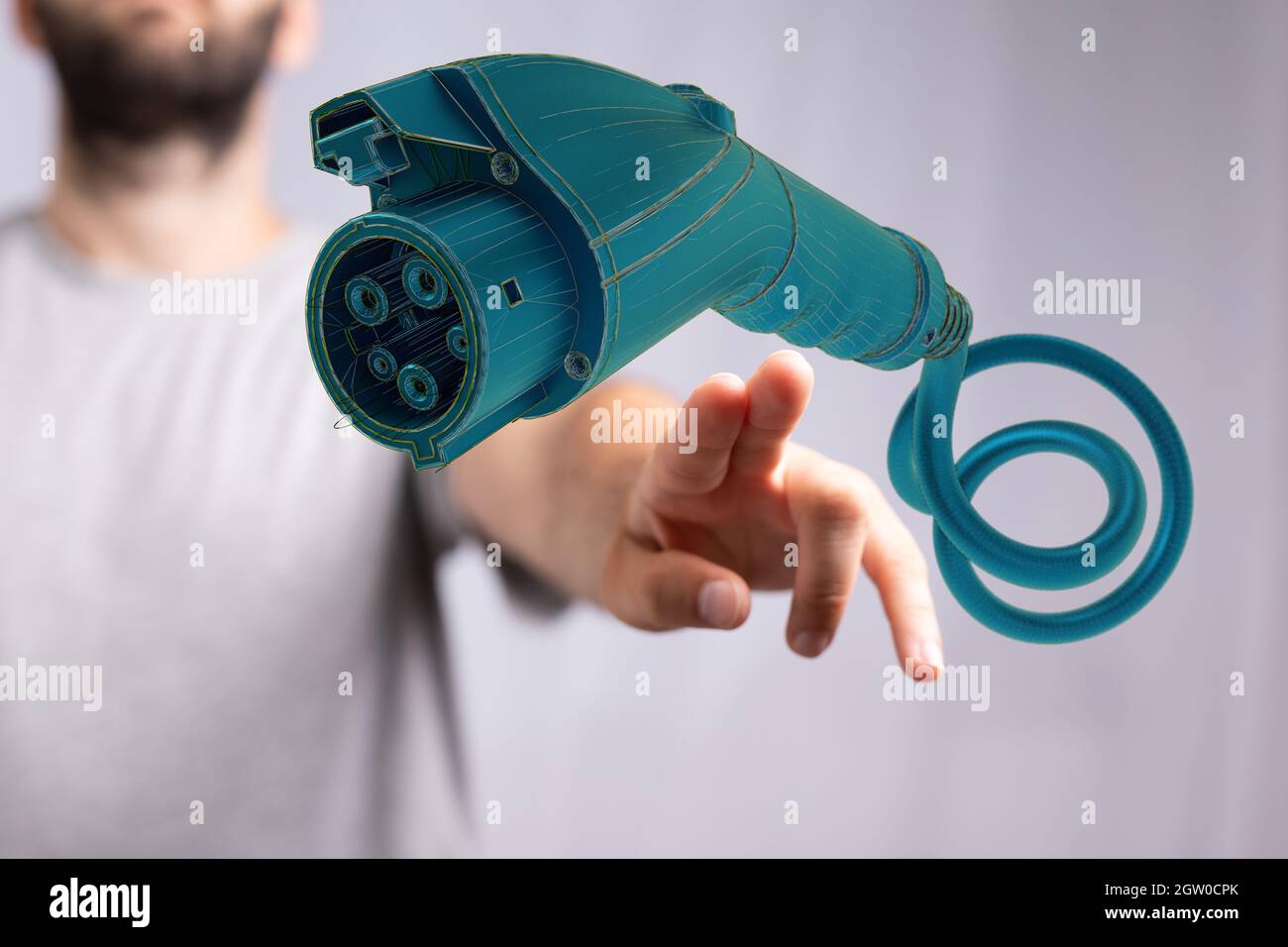 3D-Rendering eines schwimmenden Ladegeräts für Elektroautos mit einer männlichen Hand, die vom Hintergrund darauf klopft Stockfoto