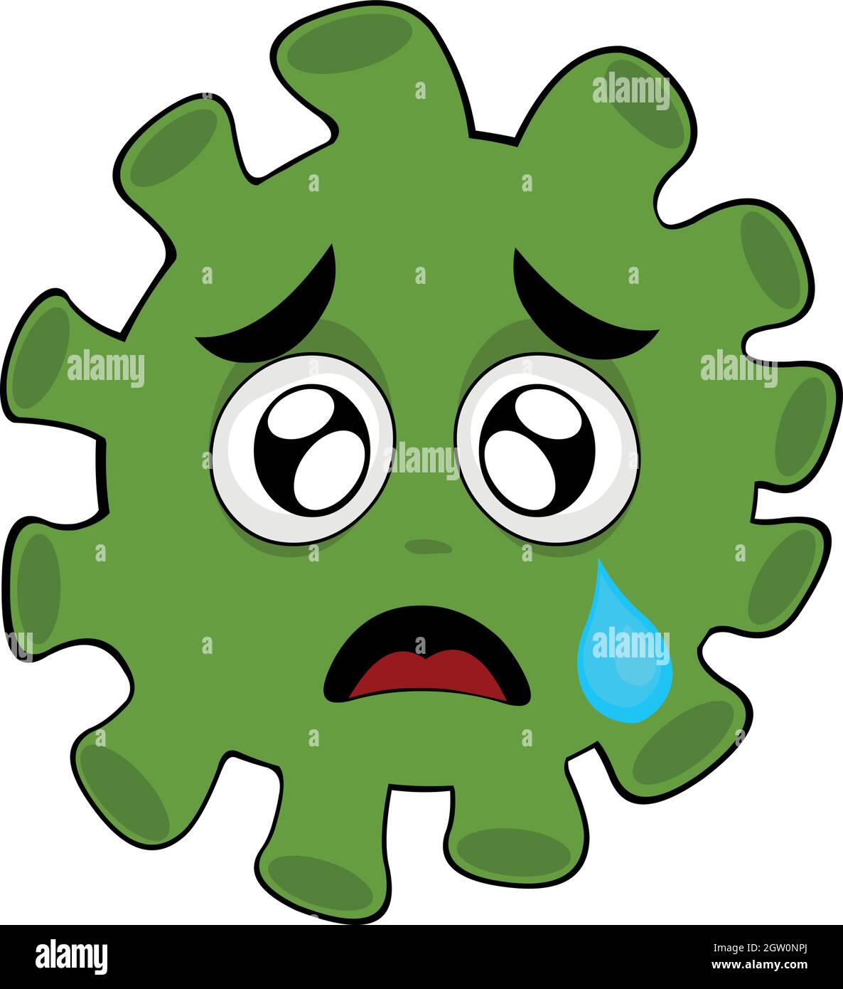 Vektor-Illustration eines Virus, Bakterien oder Mikrobe Cartoon Charakter Emoticon, mit einem traurigen Ausdruck und eine Träne aus seinem Auge fallen Stock Vektor