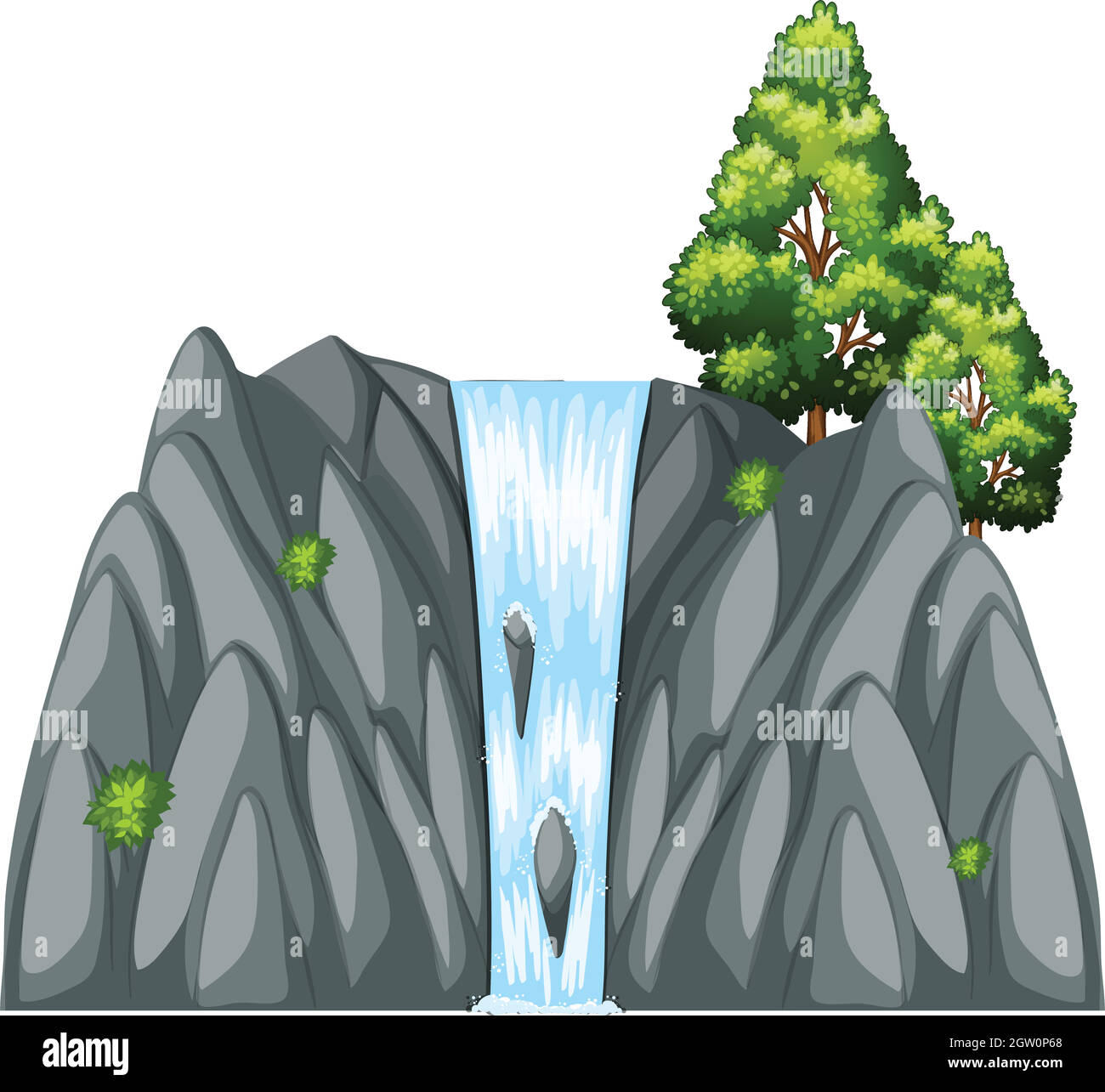 Wasserfallszene mit Baum auf dem Felsen Stock Vektor