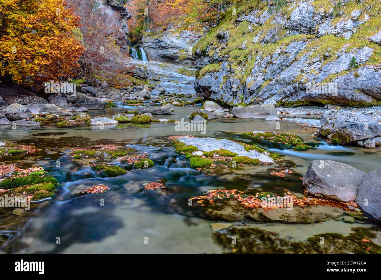 Wunderschöne Landschaft eines Flusses, der im Tal von Ordesa fließt (Provinz Huesca, Spanien) Stockfoto