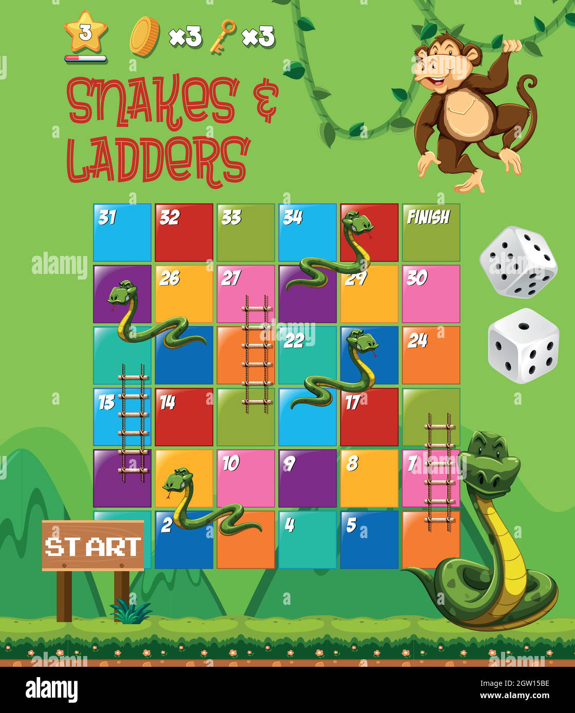 Schlangen und Leitern Brettspiel Stock Vektor