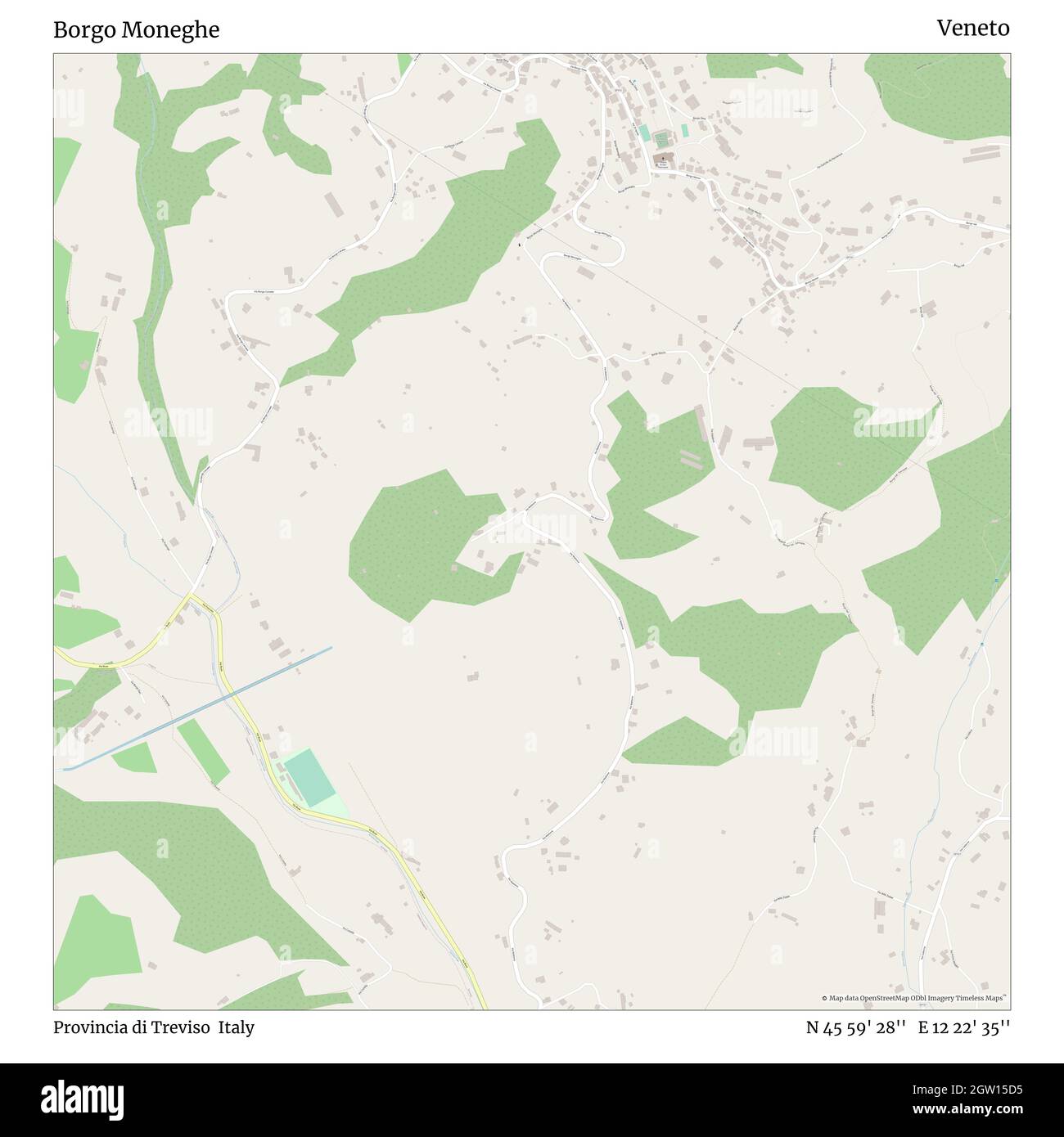 Borgo Moneghe, Provincia di Treviso, Italien, Venetien, N 45 59' 28'', E 12 22' 35'', map, Timeless Map veröffentlicht im Jahr 2021. Reisende, Entdecker und Abenteurer wie Florence Nightingale, David Livingstone, Ernest Shackleton, Lewis and Clark und Sherlock Holmes haben sich bei der Planung von Reisen zu den entlegensten Ecken der Welt auf Karten verlassen.Timeless Maps kartiert die meisten Orte auf der Welt und zeigt die Verwirklichung großer Träume Stockfoto