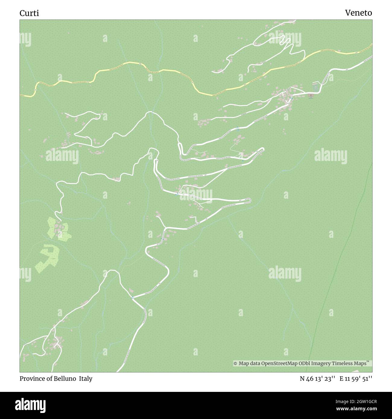 Curti, Provinz Belluno, Italien, Venetien, N 46 13' 23'', E 11 59' 51'', Karte, Timeless Map veröffentlicht im Jahr 2021. Reisende, Entdecker und Abenteurer wie Florence Nightingale, David Livingstone, Ernest Shackleton, Lewis and Clark und Sherlock Holmes haben sich bei der Planung von Reisen zu den entlegensten Ecken der Welt auf Karten verlassen.Timeless Maps kartiert die meisten Orte auf der Welt und zeigt die Verwirklichung großer Träume Stockfoto