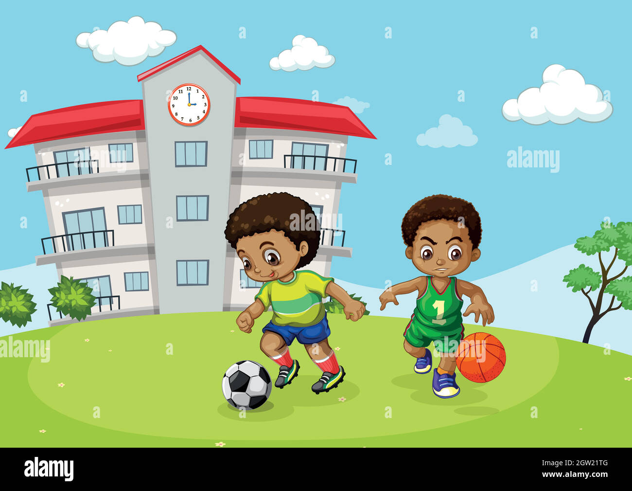 Afrikanisches Kind, das vor der Schule Sport spielt Stock Vektor