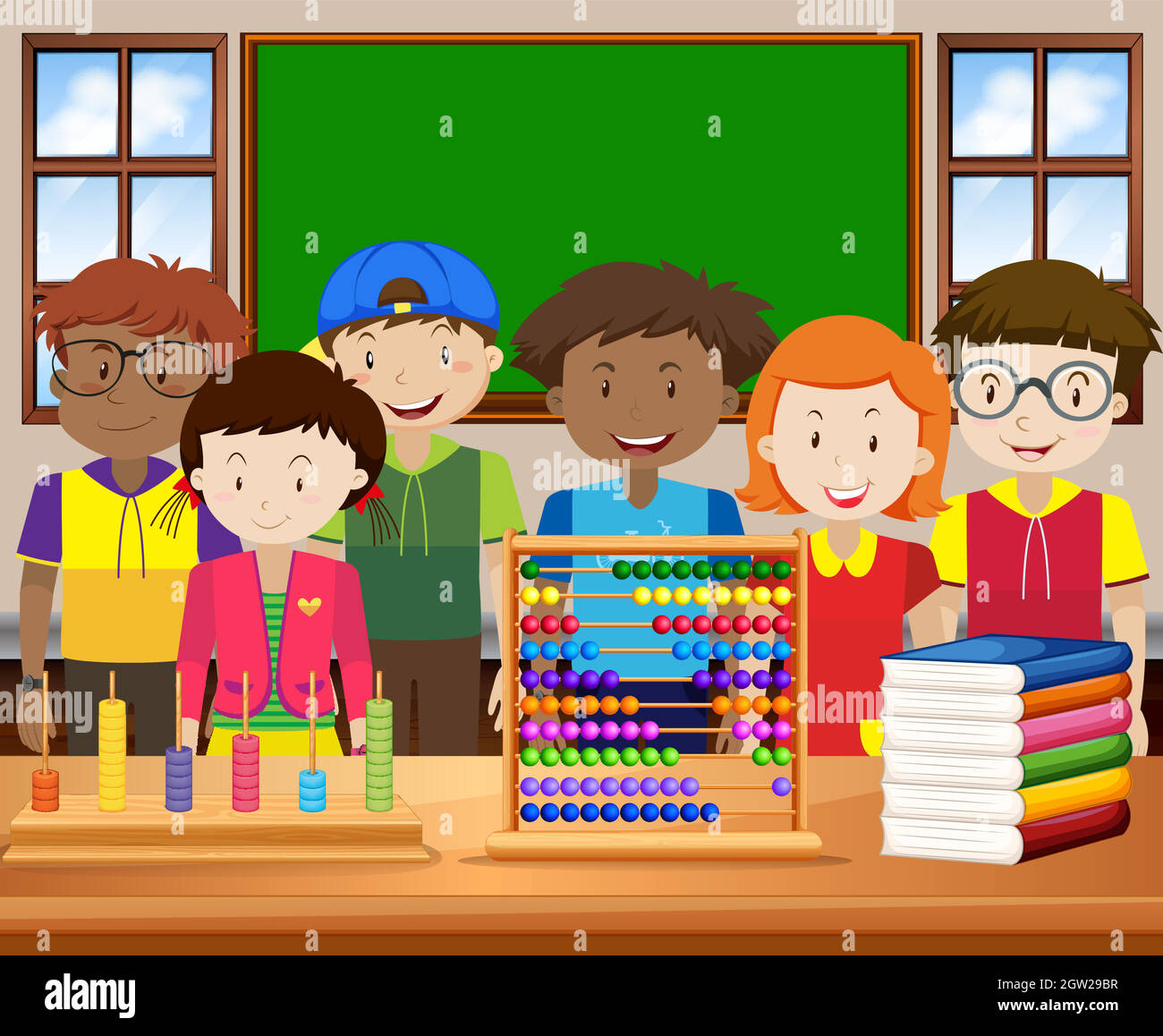 Kinder Mit Glücklichen Gesichtes Im Klassenzimmer Stock-Vektorgrafik - Alamy