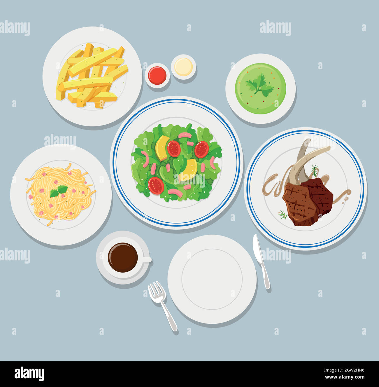 Verschiedene Arten von Lebensmitteln auf blauem Hintergrund Stock Vektor