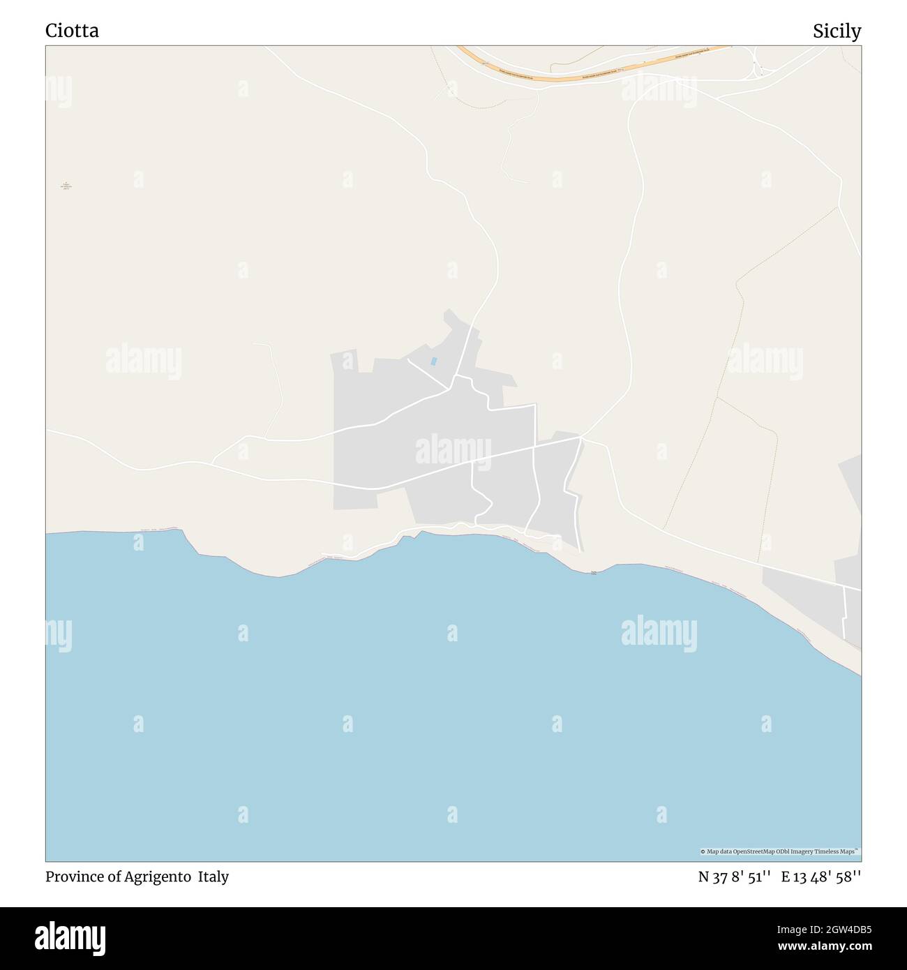 Ciotta, Provinz Agrigento, Italien, Sizilien, N 37 8' 51'', E 13 48' 58'', Karte, Timeless Map veröffentlicht im Jahr 2021. Reisende, Entdecker und Abenteurer wie Florence Nightingale, David Livingstone, Ernest Shackleton, Lewis and Clark und Sherlock Holmes haben sich bei der Planung von Reisen zu den entlegensten Ecken der Welt auf Karten verlassen.Timeless Maps kartiert die meisten Orte auf der Welt und zeigt die Verwirklichung großer Träume Stockfoto