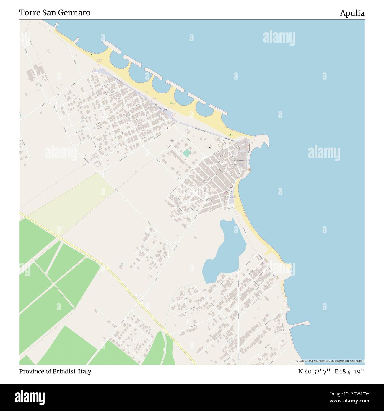 Torre San Gennaro, Provinz Brindisi, Italien, Apulien, N 40 32' 7'', E 18 4' 19'', map, Timeless Map veröffentlicht im Jahr 2021. Reisende, Entdecker und Abenteurer wie Florence Nightingale, David Livingstone, Ernest Shackleton, Lewis and Clark und Sherlock Holmes haben sich bei der Planung von Reisen zu den entlegensten Ecken der Welt auf Karten verlassen.Timeless Maps kartiert die meisten Orte auf der Welt und zeigt die Verwirklichung großer Träume Stockfoto